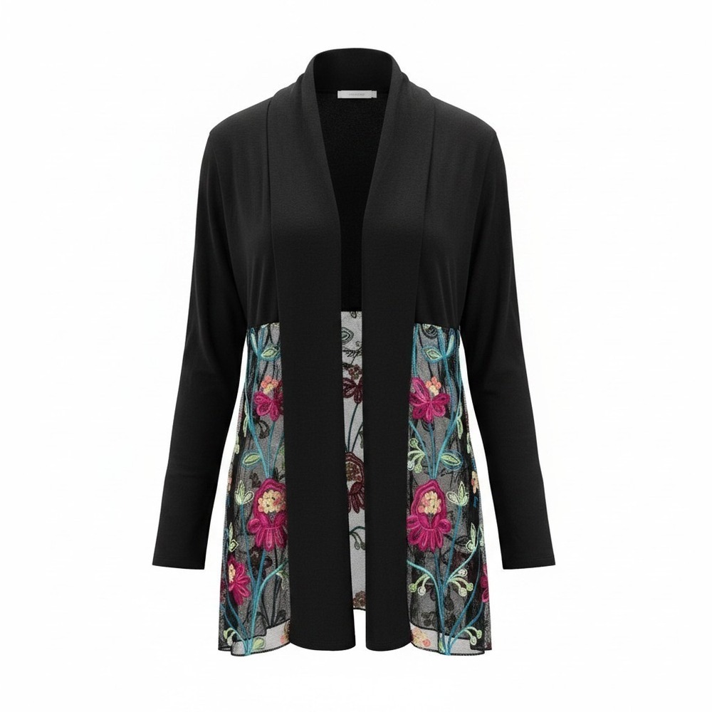 Kim & Cami Medium Black Boho Cardigan Floral Embroidered Sheer Mesh Lace Duster